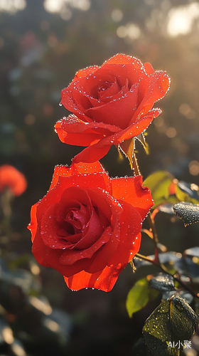 Dewy Red Roses at Dawn in a Serene Garden