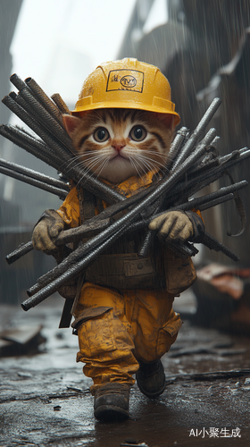 小猫猫雨天扛重钢筋穿工地服装的拟人化情景