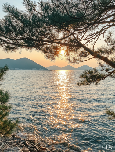 美丽宁静的海滨日落与松树景色