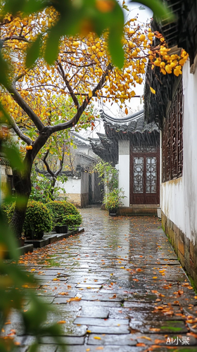 秋日江南小镇雨中静谧温馨的青石小巷