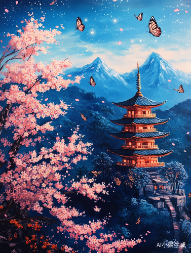 山顶樱花与宝塔的复古动漫氛围