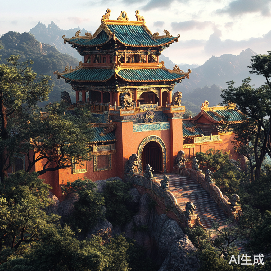 古老寺庙坐落山顶的中国风景观