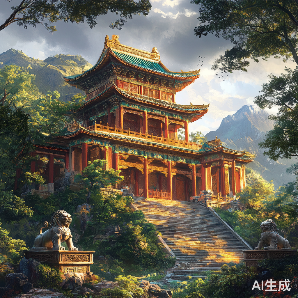 古老寺庙坐落山顶的中国风景观