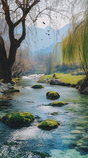 一条流过院子的小河，河水清澈见底，水底有满是绿苔的石头，河岸有柳树，远处有山，树上有归巢的小鸟。