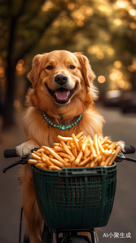 金毛犬骑自行车送薯条佩戴翡翠项链