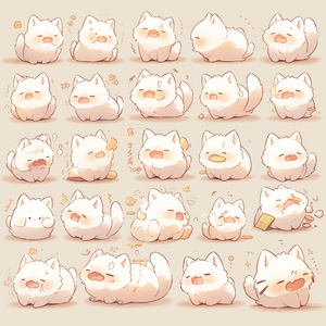 A cute cat,multiple poss and expressions,the style of line drawing style, dark white,light beige, loose gestures, simple line work,lacquer painting, thick texture,style cute, emoji as illustration set, with bold manga line style, dynamic pose dark white,f64 grouprelated characters, niji 6