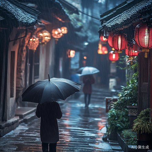 雨中江南水乡一人撑伞漫步街头