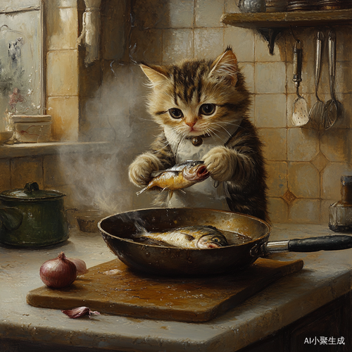 猫咪在干净厨房煎鱼菜板上有葱