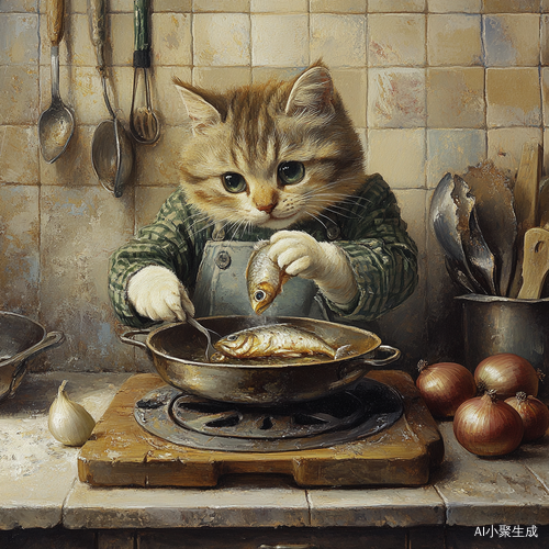 猫咪在干净厨房煎鱼菜板上有葱
