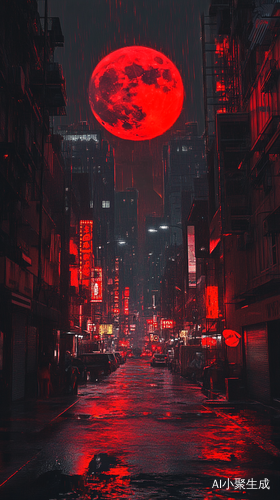 城市街道上空红色月亮半夜昏暗光线