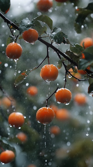 下雨天，柿子树上挂满了成熟的柿子，雨水挂在柿子上晶莹剔透