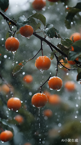 雨天柿子树上挂满成熟柿子雨水晶莹剔透