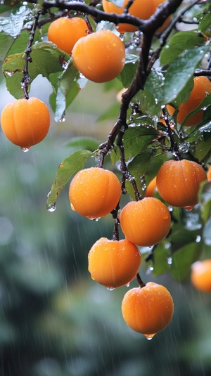 下雨天，柿子树上挂满了成熟的柿子，雨水挂在柿子上晶莹剔透