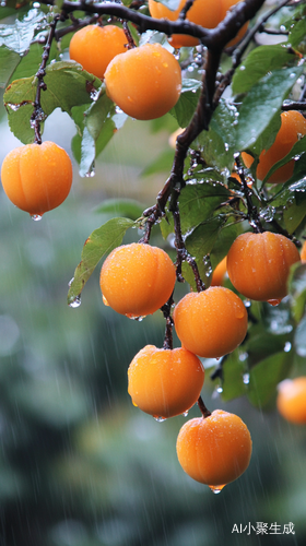 雨天柿子树上挂满成熟柿子雨水晶莹剔透