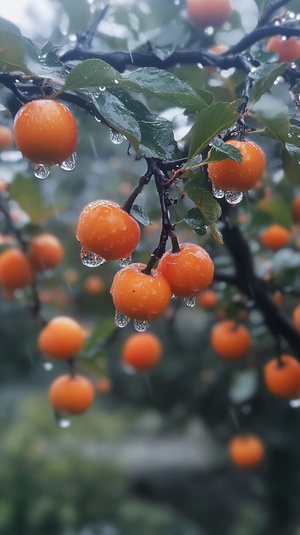 下雨天，柿子树上挂满了成熟的柿子，雨水挂在柿子上晶莹剔透