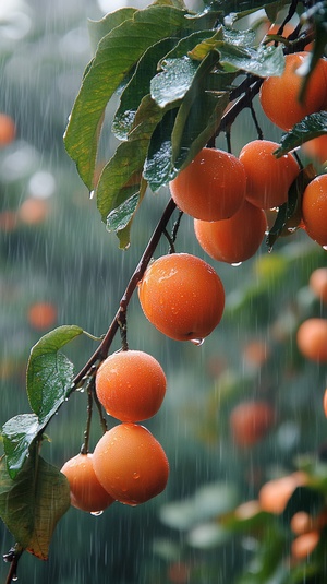 下雨天，柿子树上挂满了成熟的柿子，雨水挂在柿子上晶莹剔透