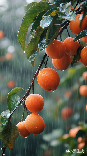 雨天柿子树上挂满成熟柿子雨水晶莹剔透