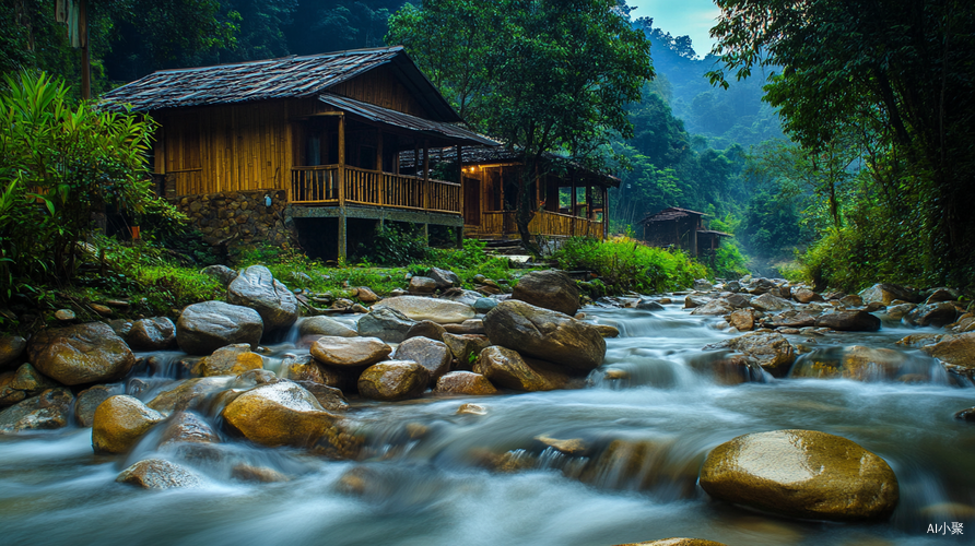 野外精致小屋与清澈溪水的美丽景色