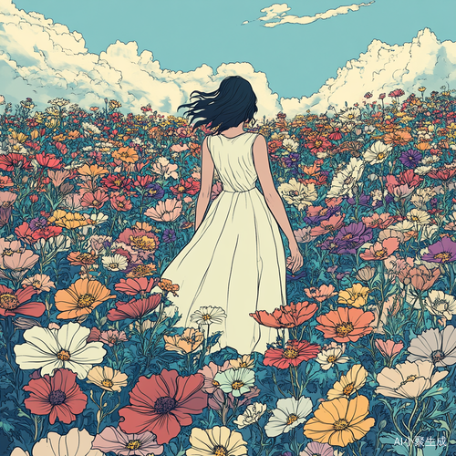 白裙女子在花海中欣赏花朵的漫画风格场景