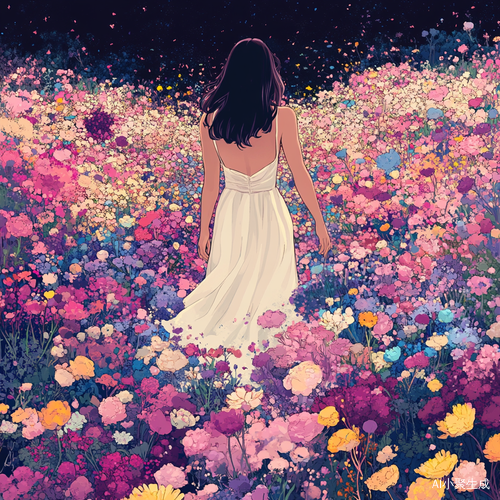 白裙女子在花海中欣赏花朵的漫画风格场景