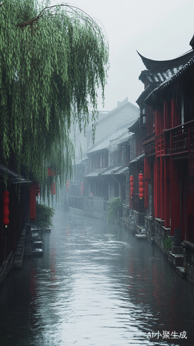 烟雨江南小镇的河畔柳树景致