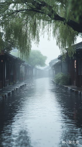 烟雨江南小镇的河畔柳树景致