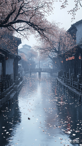 烟雨江南小镇的河畔柳树景致