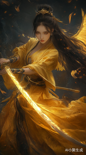 黑暗中勇敢的战士女子与发光剑的神圣对抗