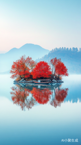 平静湖面小岛倒影中的枫树与小船的和谐美景