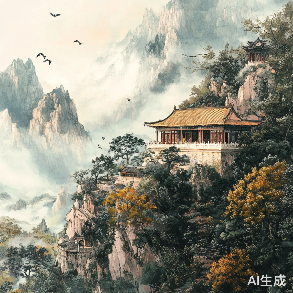 模仿隋唐宋期亭台楼阁创作气韵生动山水画