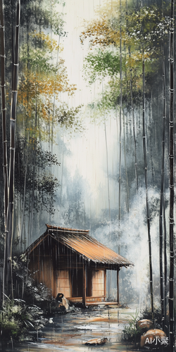 下雨天竹林小屋舒适茶时光风景画