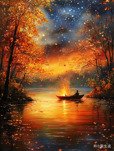 江畔枫林与渔火星光交织的夜景