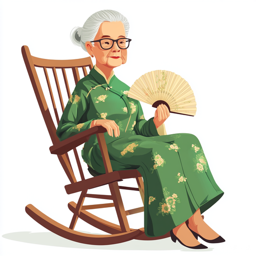 银发祖母穿绿色旗袍坐摇椅手持旧扇子插画肖像