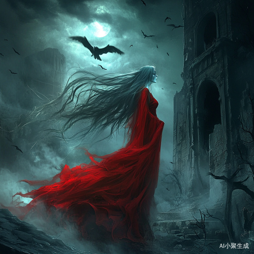 神秘红衣女鬼在古老寺庙前的阴森氛围