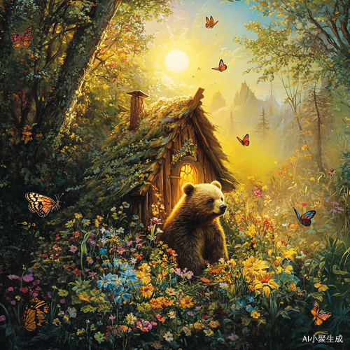 阳光洒落在小熊温馨小屋的花丛中
