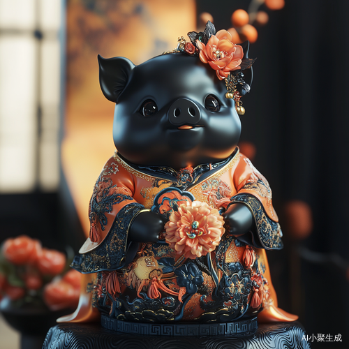 可爱黑皮小猪穿中国元素连衣裙的温馨时刻