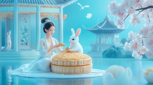 A beautiful woman and a white rabbit sit on a large mooncake, eating osmanthus tree mooncakes together. Behind them is a large pavilion with poster design and exquisite masterpiece. It is an 8K, 3D cartoon miniature scene, with a calm water surface background, blue water surface