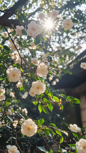 白色山茶花盛开下的古韵庭院