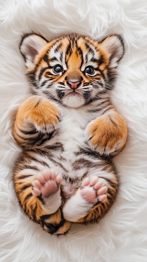 A chubby and cute little tiger on its back is lying in the palms of its hands,, Top view，captured in high-definition photography. This high-quality photo showcases the super-detailed features of this fluffy little animal, fur around the eyes, and natural skin texture. The image is characterized by high sharpness, focus, and resolution, highlighting the natural beauty of this endearing creature in natural lighting. ar 23:32