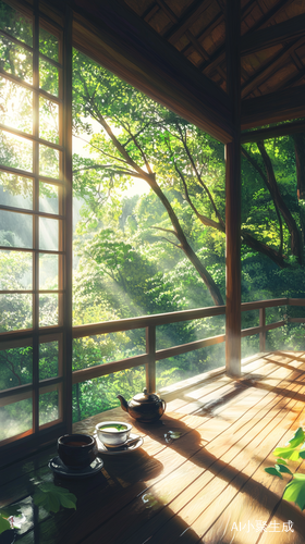 阳台一角享受茶香与阳光中的山林美景