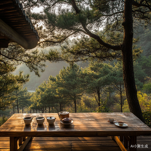 山东山丘露台上的温馨茶具与晨光氛围