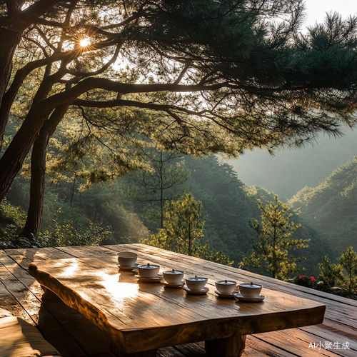山东山丘露台上的温馨茶具与晨光氛围