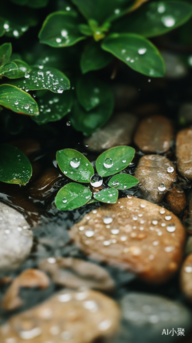 雨滴落在树叶水面和石头上的细腻场景