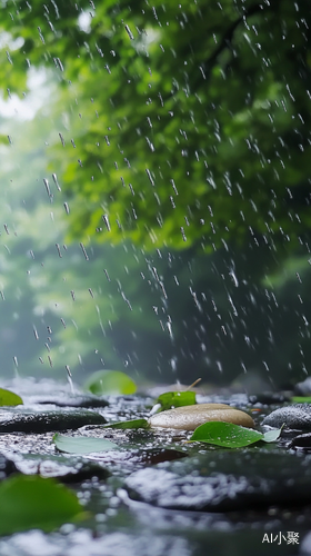 雨滴落在树叶水面和石头上的细腻场景