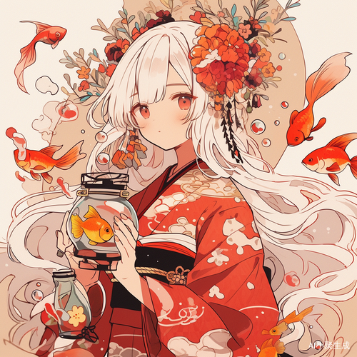 传统日本服饰动漫角色插画可爱少女与小金鱼缸