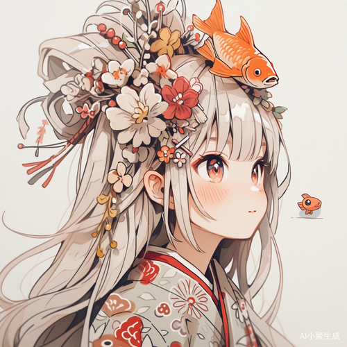 传统日本服饰动漫角色插画可爱少女与小金鱼缸