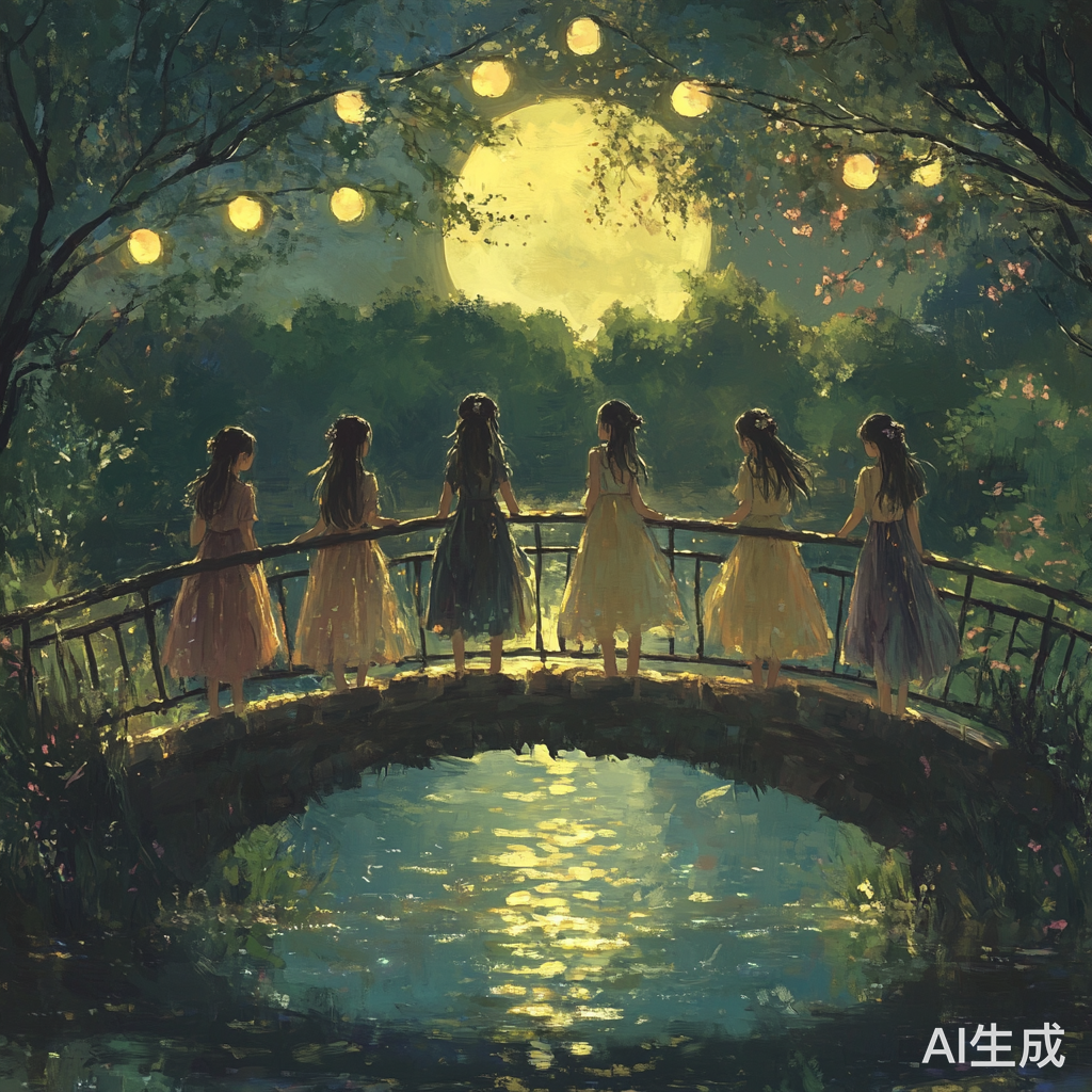 五女孩凝视湖面美景月光桥影映心头