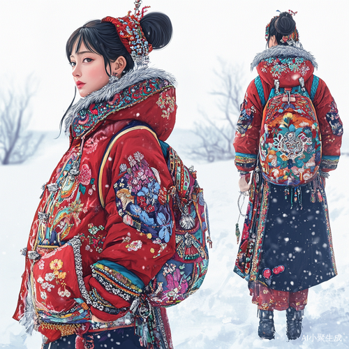 受苗族文化启发的手绘全身羽绒服效果图