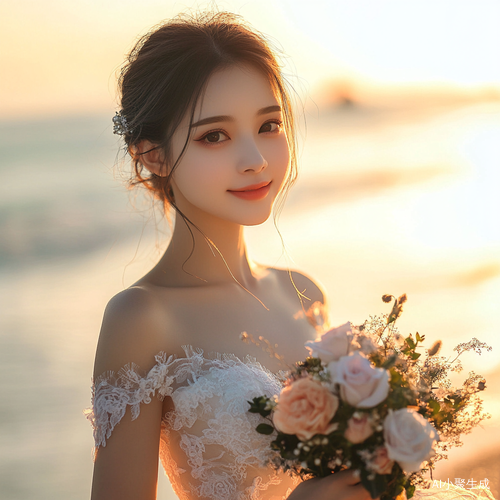 海边公主婚纱女孩手拿鲜花甜蜜微笑