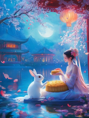 A beautiful woman and a white rabbit sit on a large mooncake, eating osmanthus tree mooncakes together. Behind them is a large pavilion with poster design and exquisite masterpiece. It is an 8K, 3D cartoon miniature scene, with a calm water surface background, blue water surface